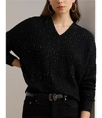 Lauren Ralph Lauren Sequined Rib-Knit V-Neck Long Sleeve Sweater