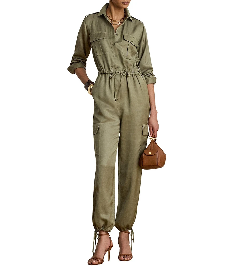 Lauren Ralph Lauren Shantung Spread Collar Long Sleeve Ankle Length Jumpsuit