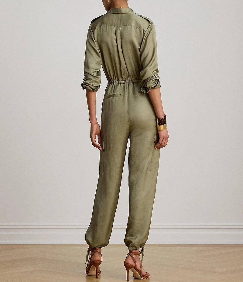 Lauren Ralph Lauren Shantung Spread Collar Long Sleeve Ankle Length Jumpsuit