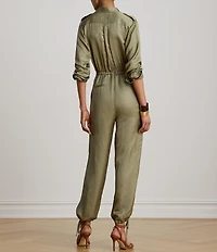 Lauren Ralph Lauren Shantung Spread Collar Long Sleeve Ankle Length Jumpsuit