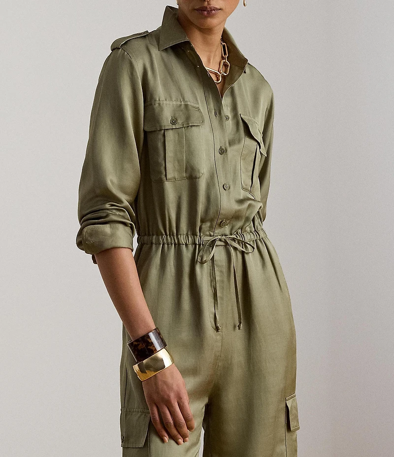 Lauren Ralph Lauren Shantung Spread Collar Long Sleeve Ankle Length Jumpsuit