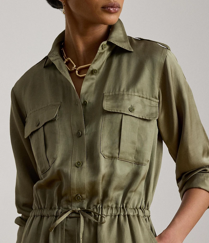 Lauren Ralph Lauren Shantung Spread Collar Long Sleeve Ankle Length Jumpsuit