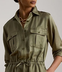 Lauren Ralph Lauren Shantung Spread Collar Long Sleeve Ankle Length Jumpsuit