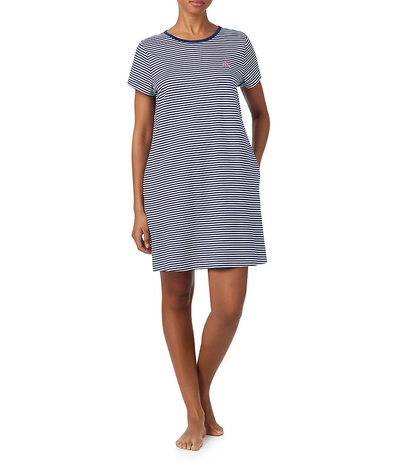 Lauren Ralph Lauren Short Sleeve Crew Neck Striped Jersey Knit Sleepshirt