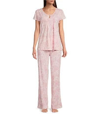 Lauren Ralph Lauren Short Sleeve Scoop Neck Floral Jersey Knit Long Pajama Set