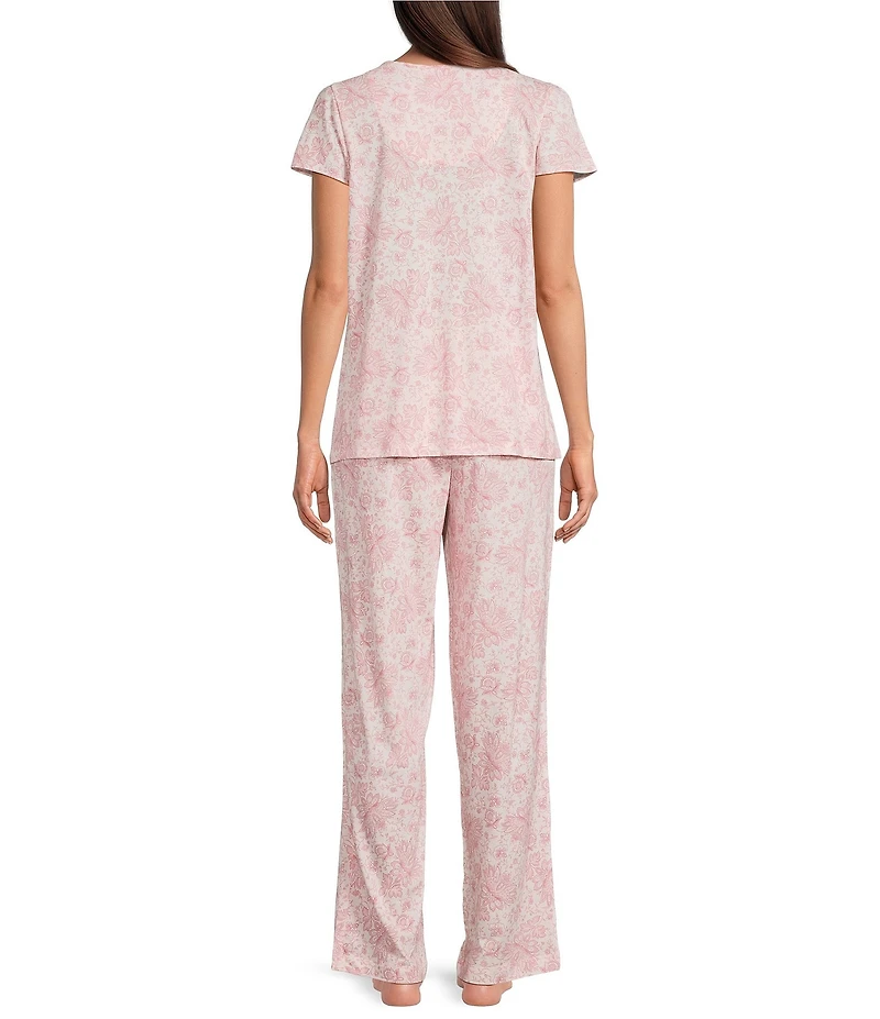 Lauren Ralph Lauren Short Sleeve Scoop Neck Floral Jersey Knit Long Pajama Set