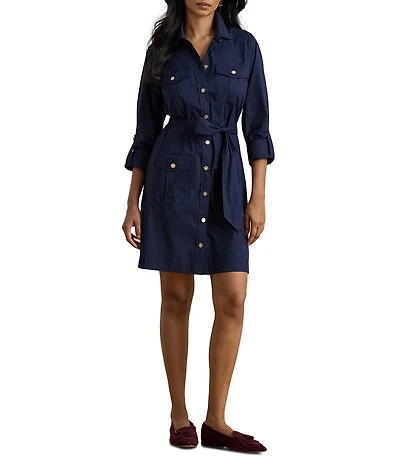 Lauren Ralph Lauren Silky Cotton-Blend Point Collar Long Roll-Tab Sleeve Button-Front Belted Shirt Dress