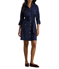 Lauren Ralph Lauren Silky Cotton-Blend Point Collar Long Roll-Tab Sleeve Button-Front Belted Shirt Dress