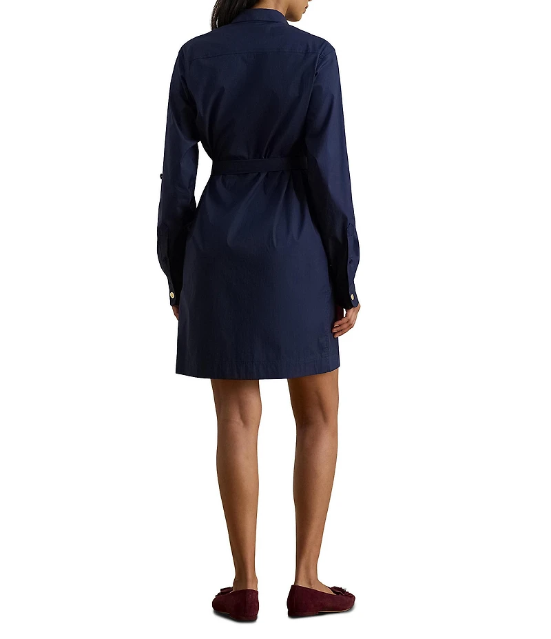 Lauren Ralph Lauren Silky Cotton-Blend Point Collar Long Roll-Tab Sleeve Button-Front Belted Shirt Dress