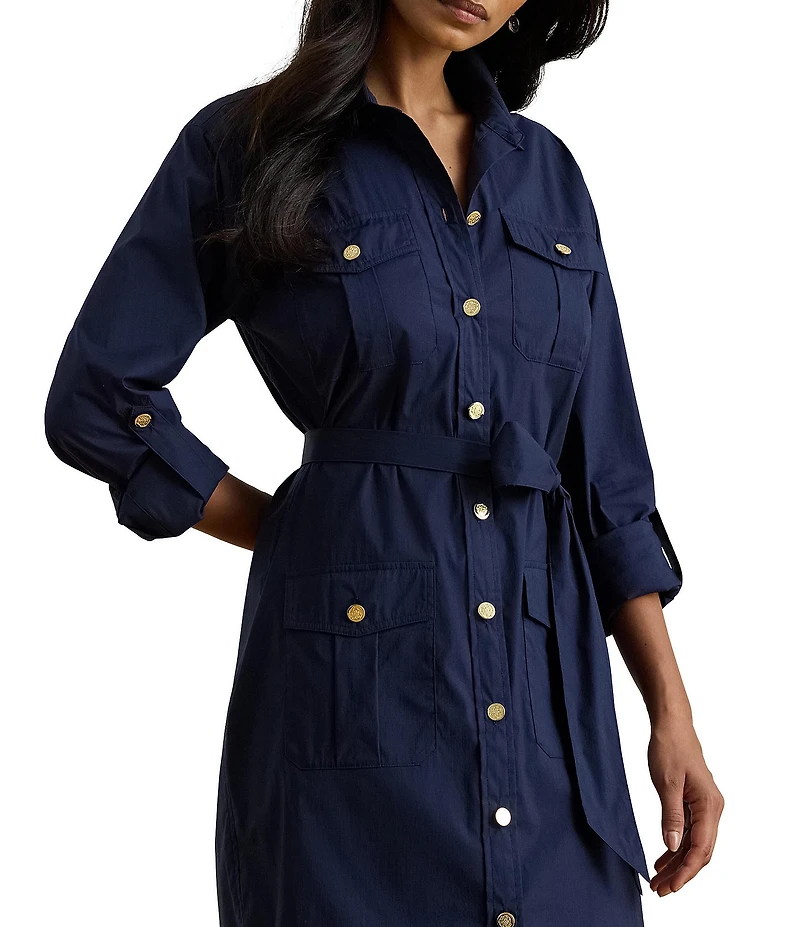 Lauren Ralph Lauren Silky Cotton-Blend Point Collar Long Roll-Tab Sleeve Button-Front Belted Shirt Dress