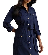 Lauren Ralph Lauren Silky Cotton-Blend Point Collar Long Roll-Tab Sleeve Button-Front Belted Shirt Dress
