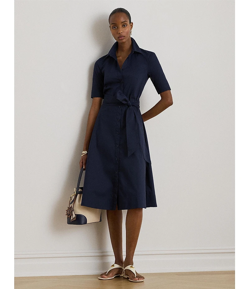 Lauren Ralph Lauren Silky Cotton-Blend Point Collar Neckline Elbow Sleeve Belted Button Front Shirt Dress