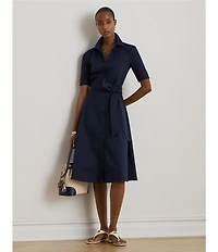 Lauren Ralph Lauren Silky Cotton-Blend Point Collar Neckline Elbow Sleeve Belted Button Front Shirt Dress