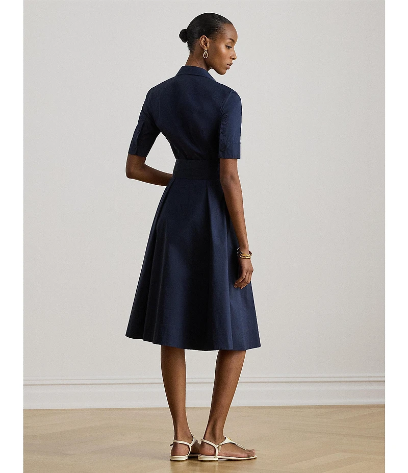 Lauren Ralph Lauren Silky Cotton-Blend Point Collar Neckline Elbow Sleeve Belted Button Front Shirt Dress
