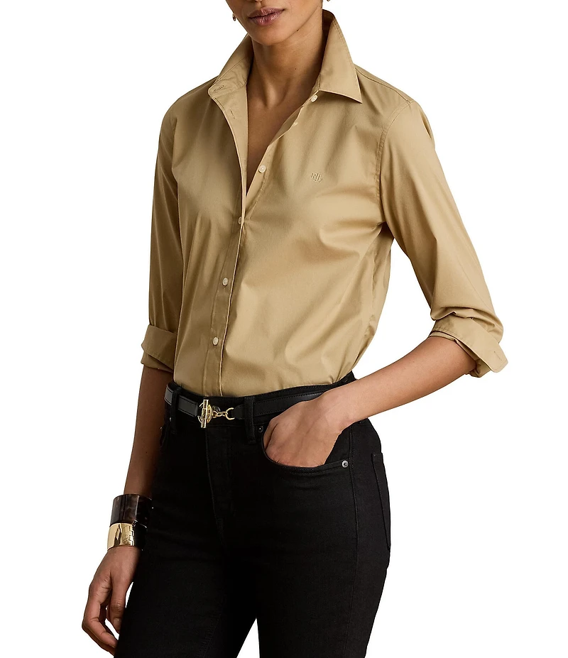 Lauren Ralph Lauren Silky Stretch Cotton Blend Point Collar Long Sleeve Shirt