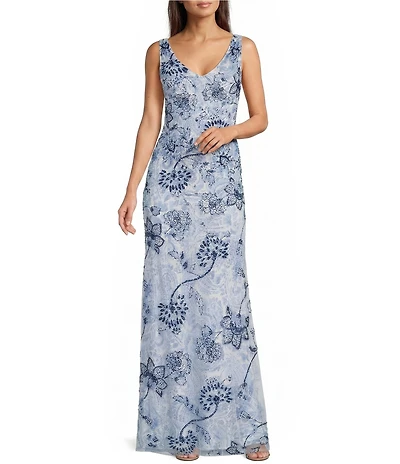 Lauren Ralph Lauren Sleeveless Floral Beaded Tulle Gown