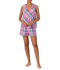 Lauren Ralph Lauren Sleeveless Flutter Neck Woven Plaid Shorty Pajama Set
