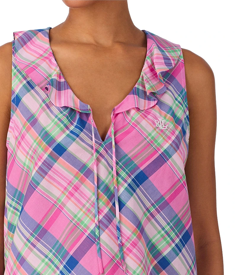 Lauren Ralph Lauren Sleeveless Flutter Neck Woven Plaid Shorty Pajama Set