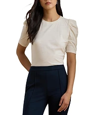 Lauren Ralph Lauren Slub Jersey Knit Crew Neck Short Puff Sleeve Top