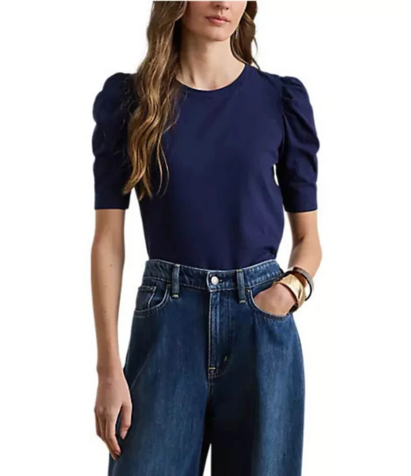 Lauren Ralph Lauren Slub Jersey Knit Crew Neck Short Puff Sleeve Top