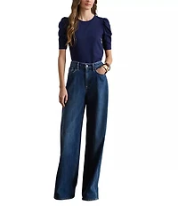 Lauren Ralph Lauren Slub Jersey Knit Crew Neck Short Puff Sleeve Top