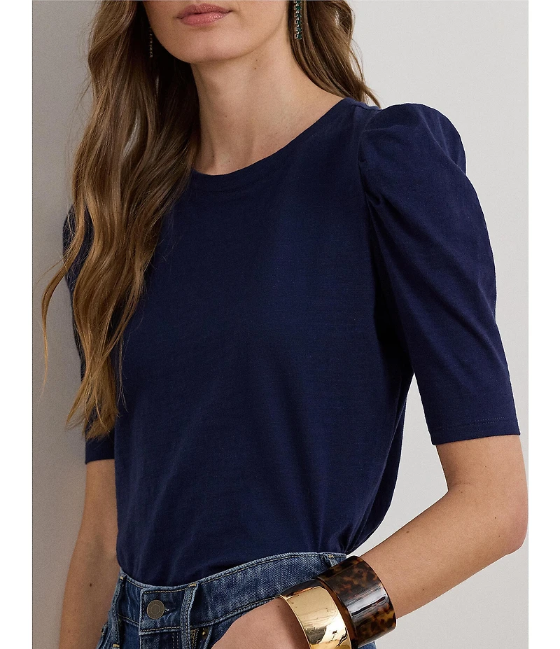Lauren Ralph Lauren Slub Jersey Knit Crew Neck Short Puff Sleeve Top