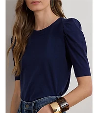 Lauren Ralph Lauren Slub Jersey Knit Crew Neck Short Puff Sleeve Top