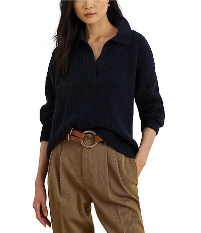Lauren Ralph Lauren Soft Wool Blend Johnny Collar Long Sleeve Polo Sweater