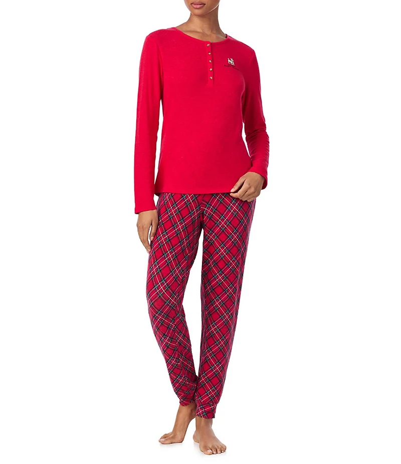 Lauren Ralph Lauren Solid Long Sleeve Henley Neck Top & Plaid Jogger Holiday Pajama Set
