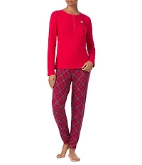 Lauren Ralph Lauren Solid Long Sleeve Henley Neck Top & Plaid Jogger Holiday Pajama Set
