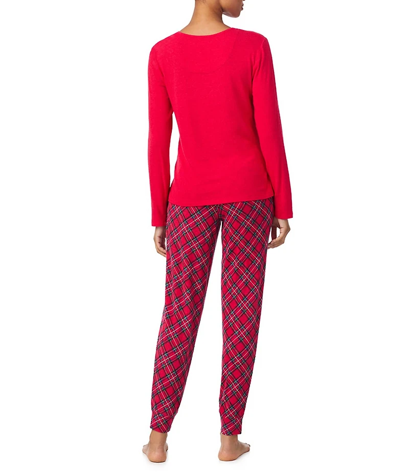 Lauren Ralph Lauren Solid Long Sleeve Henley Neck Top & Plaid Jogger Holiday Pajama Set