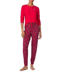 Lauren Ralph Lauren Solid Long Sleeve Henley Neck Top & Plaid Jogger Holiday Pajama Set