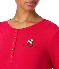 Lauren Ralph Lauren Solid Long Sleeve Henley Neck Top & Plaid Jogger Holiday Pajama Set