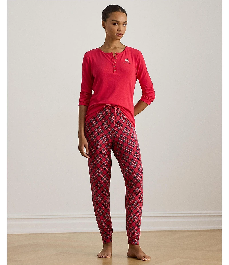 Lauren Ralph Lauren Solid Long Sleeve Henley Neck Top & Plaid Jogger Holiday Pajama Set
