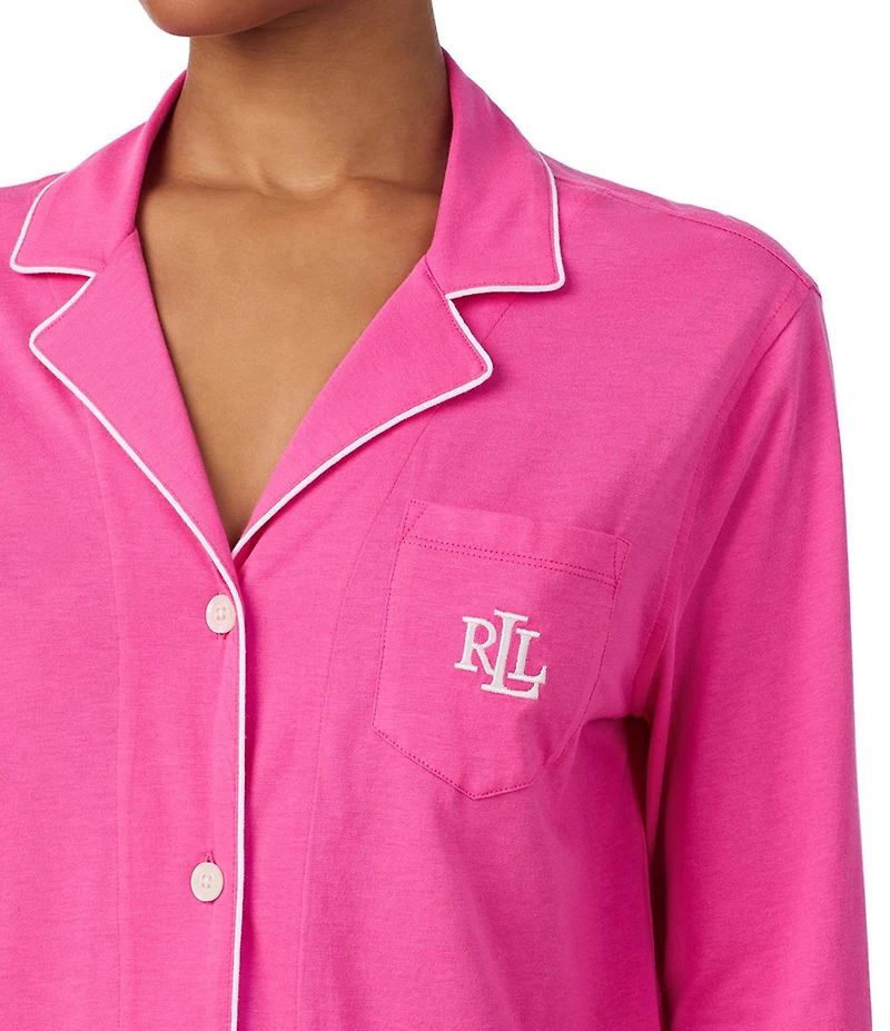 Lauren Ralph Lauren Solid Long Sleeve Notch Collar Long Jersey Knit Pajama Set