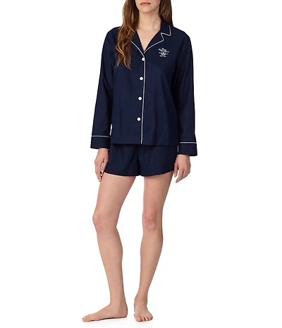 Lauren Ralph Lauren Solid Long Sleeve Notch Collar Woven Cotton Boxer Pajama Set