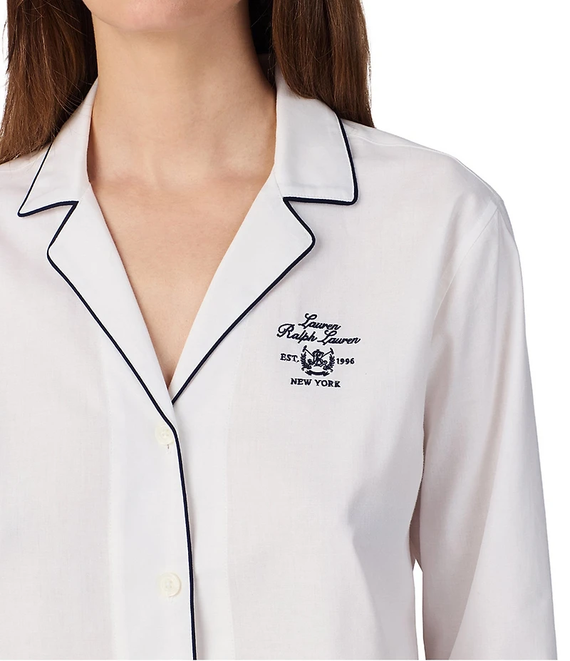 Lauren Ralph Lauren Solid Long Sleeve Notch Collar Woven Cotton Boxer Pajama Set