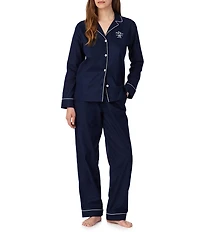Lauren Ralph Lauren Solid Long Sleeve Notch Collar Woven Cotton Pant Pajama Set
