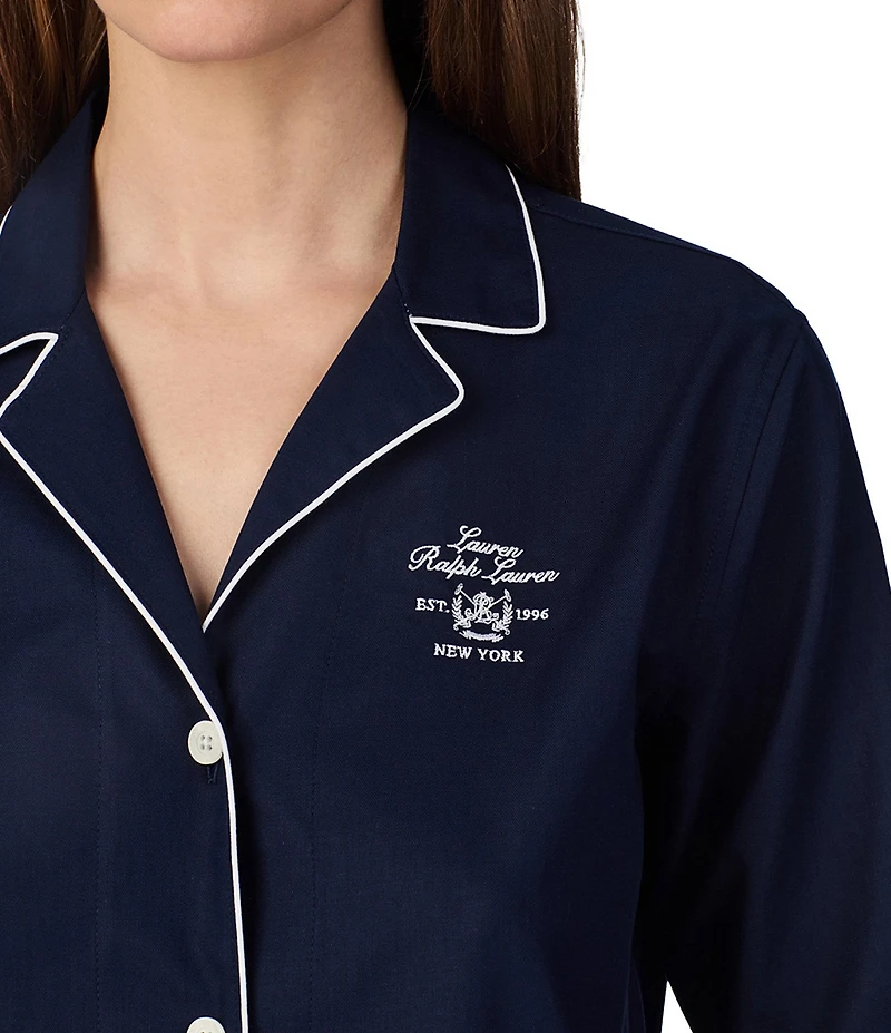 Lauren Ralph Lauren Solid Long Sleeve Notch Collar Woven Cotton Pant Pajama Set