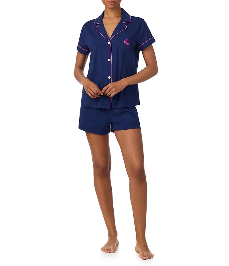 Lauren Ralph Lauren Solid Short Sleeve Notch Collar Shorty Jersey Knit Pajama Set