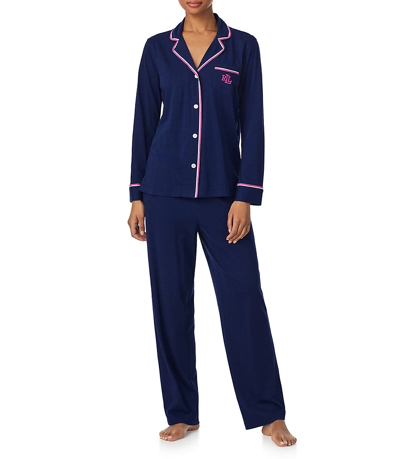 Lauren Ralph Lauren Solid Textured Knit Long Sleeve Notch Collar Long Pajama Set