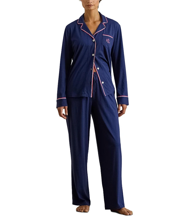 Lauren Ralph Lauren Solid Textured Knit Long Sleeve Notch Collar Long Pajama Set