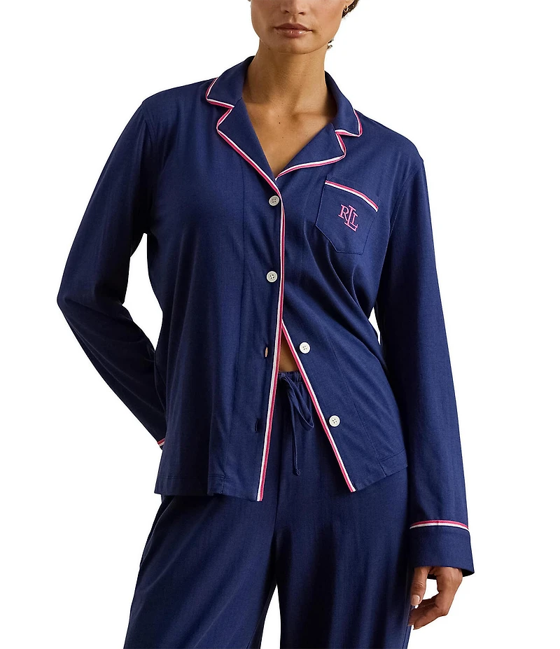 Lauren Ralph Lauren Solid Textured Knit Long Sleeve Notch Collar Long Pajama Set