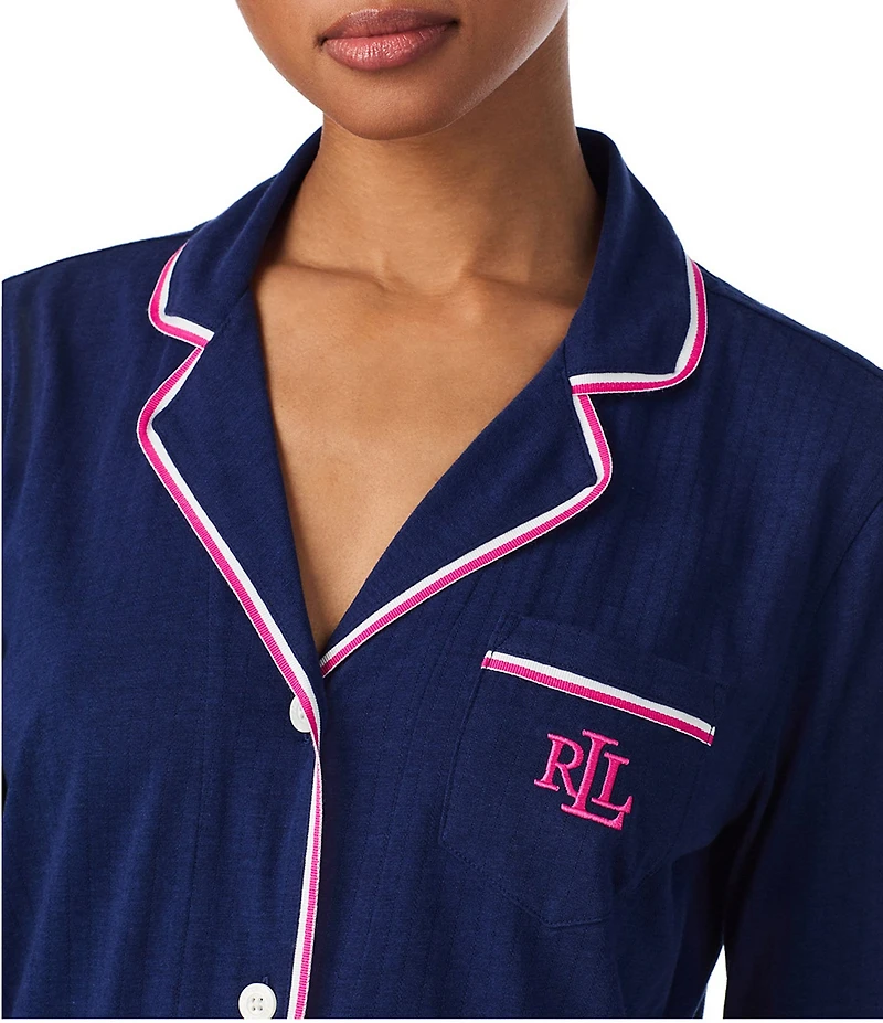 Lauren Ralph Lauren Solid Textured Knit Long Sleeve Notch Collar Long Pajama Set