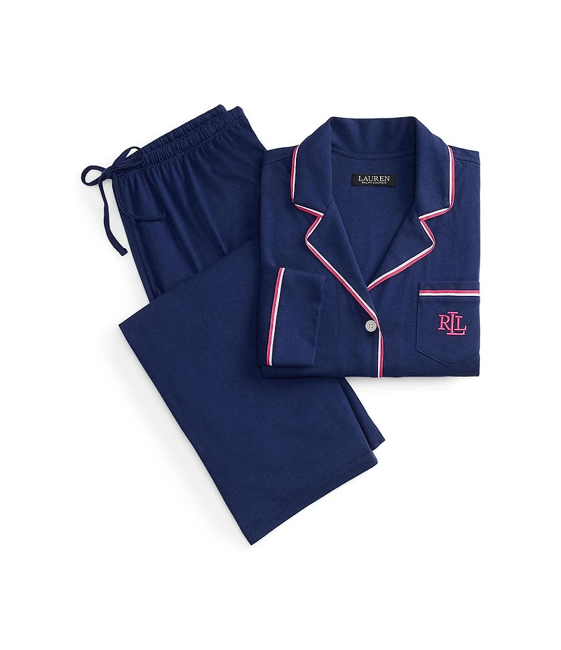 Lauren Ralph Lauren Solid Textured Knit Long Sleeve Notch Collar Long Pajama Set