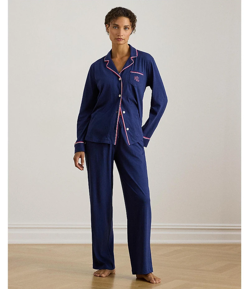 Lauren Ralph Lauren Solid Textured Knit Long Sleeve Notch Collar Long Pajama Set