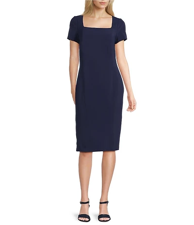 Lauren Ralph Lauren Square Neck Short Sleeve Sheath Midi Dress