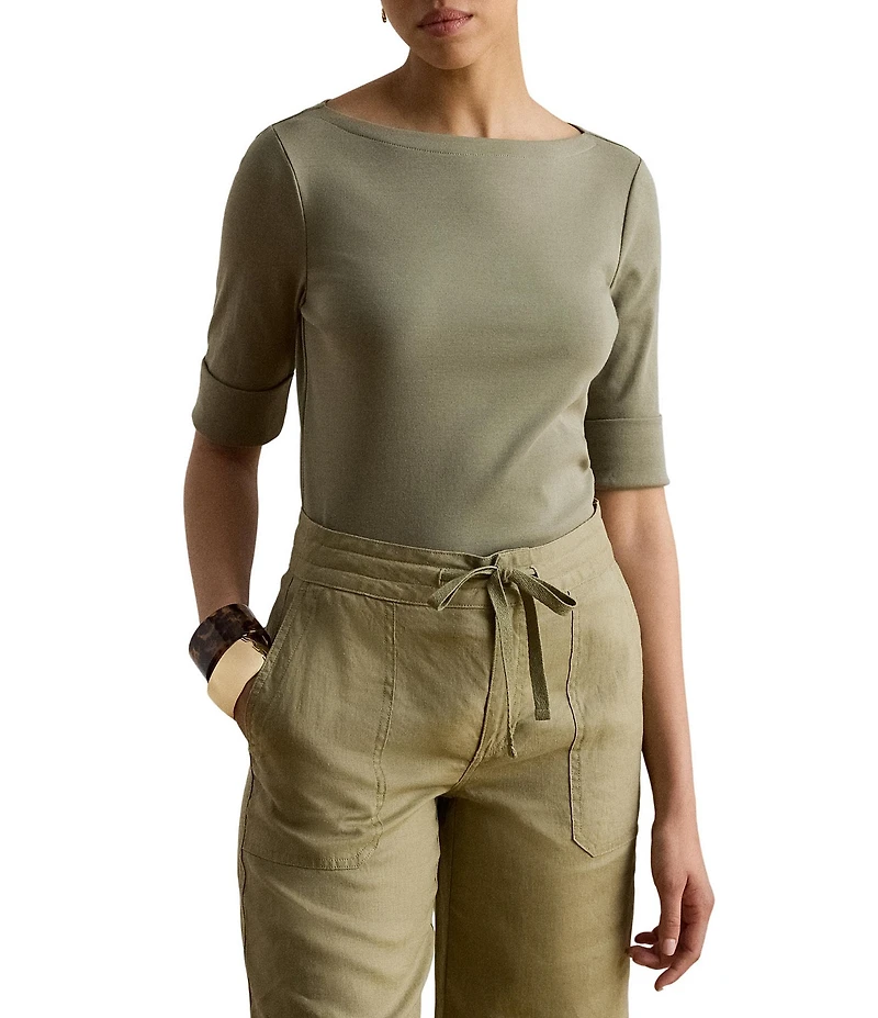 Lauren Ralph Lauren Stretch Cotton Blend Boat Neck Short Rolled Sleeve Shirt