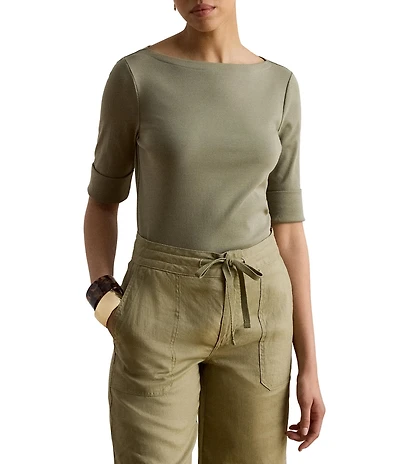 Lauren Ralph Lauren Stretch Cotton Blend Boat Neck Short Rolled Sleeve Shirt
