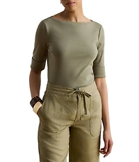Lauren Ralph Lauren Stretch Cotton Blend Boat Neck Short Rolled Sleeve Shirt